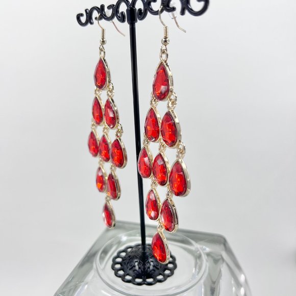 NWT-Charming Charlie - Large Red Faceted Teardrop Chandelier Gold Tone Earrings - Picture 3 of 8